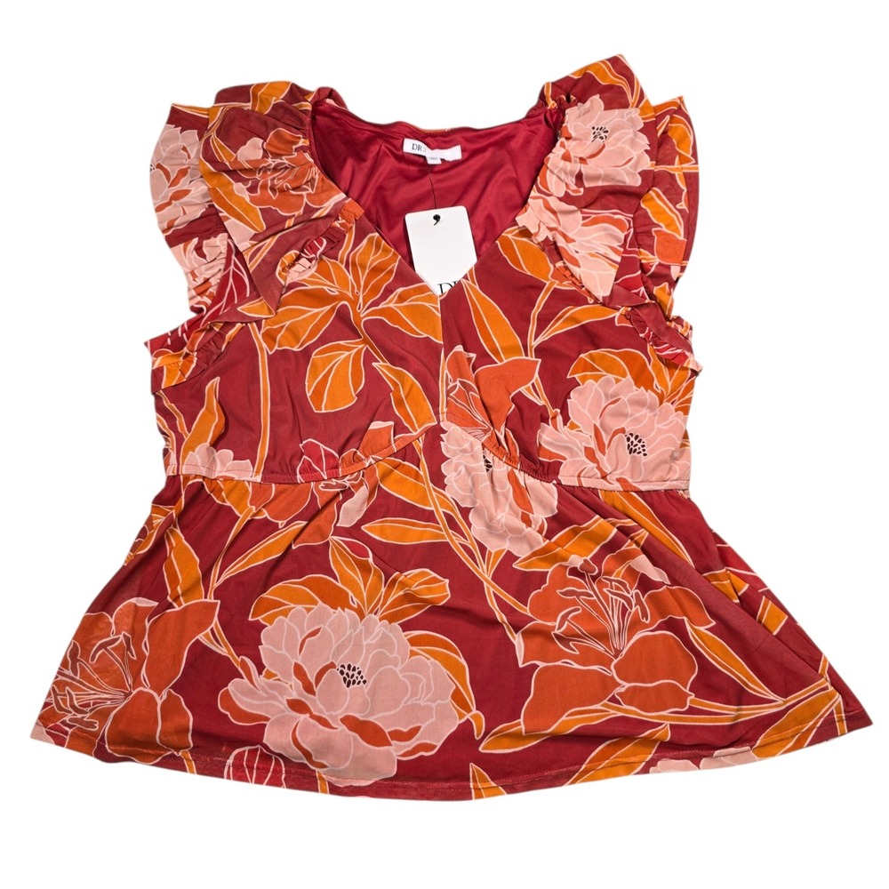 DR2 Women Floral V-Neck Ruffle Sleeve Peplum Blouse Red Orange XL NWT